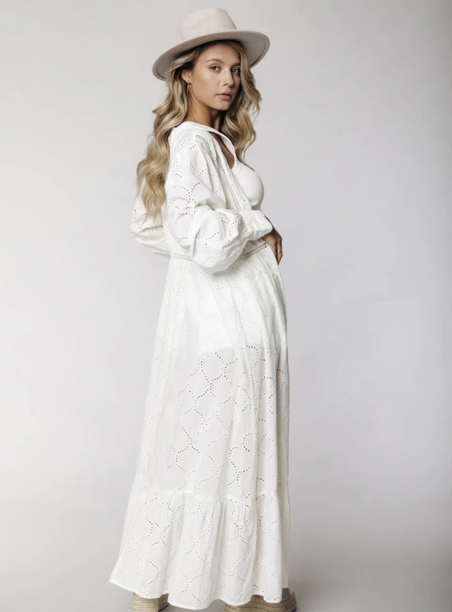 COLOURFUL REBEL SANDY BRODERIE ANGLAISE MAXI KIMONO DRESS WHITE